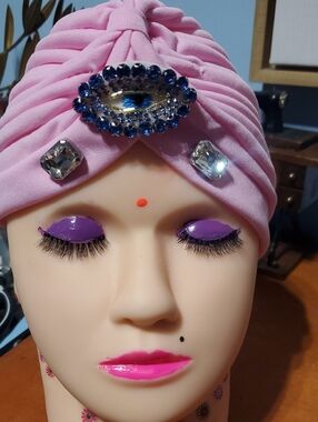Pink Embellished Headwrap with Third Eye Rhinestone Brooch.  Brand New.